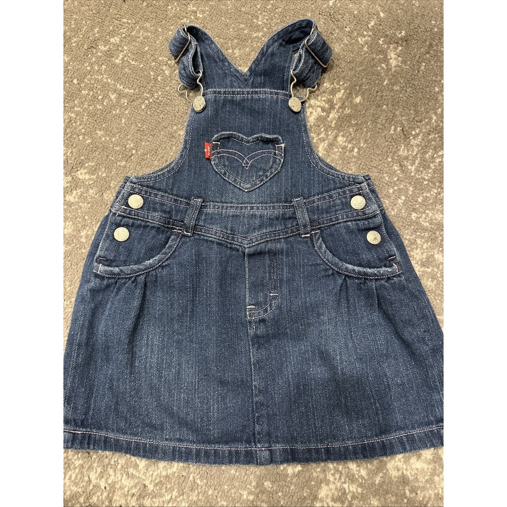 Levis Toddler Girl 24 M Overalls Dress Jumper Denim Blue Bibs Pink Stitching